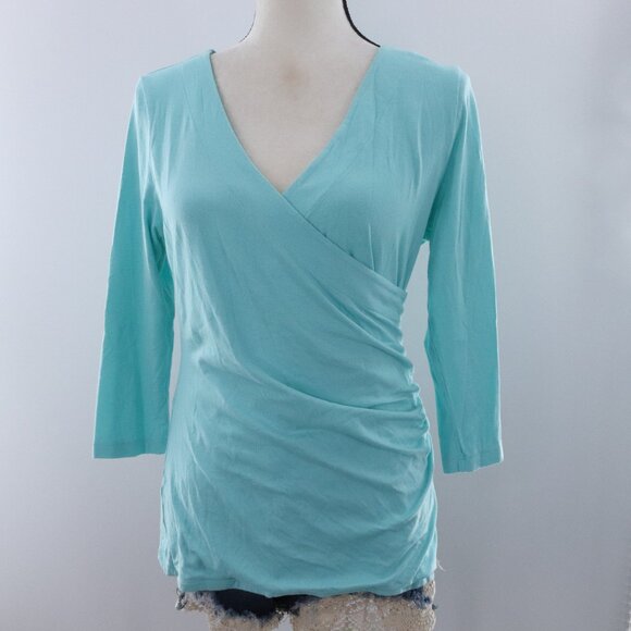 Soft Surroundings | 3/4 Sleeve Top Medium Faux Wrap Blue - Picture 3 of 6